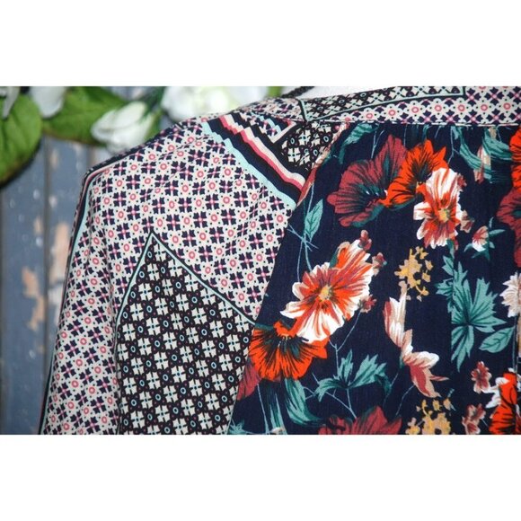 Jodifl Boho Blue Floral Blouse Top Size S V-Neck Long Bubble Sleeves Oversized - Picture 6 of 8